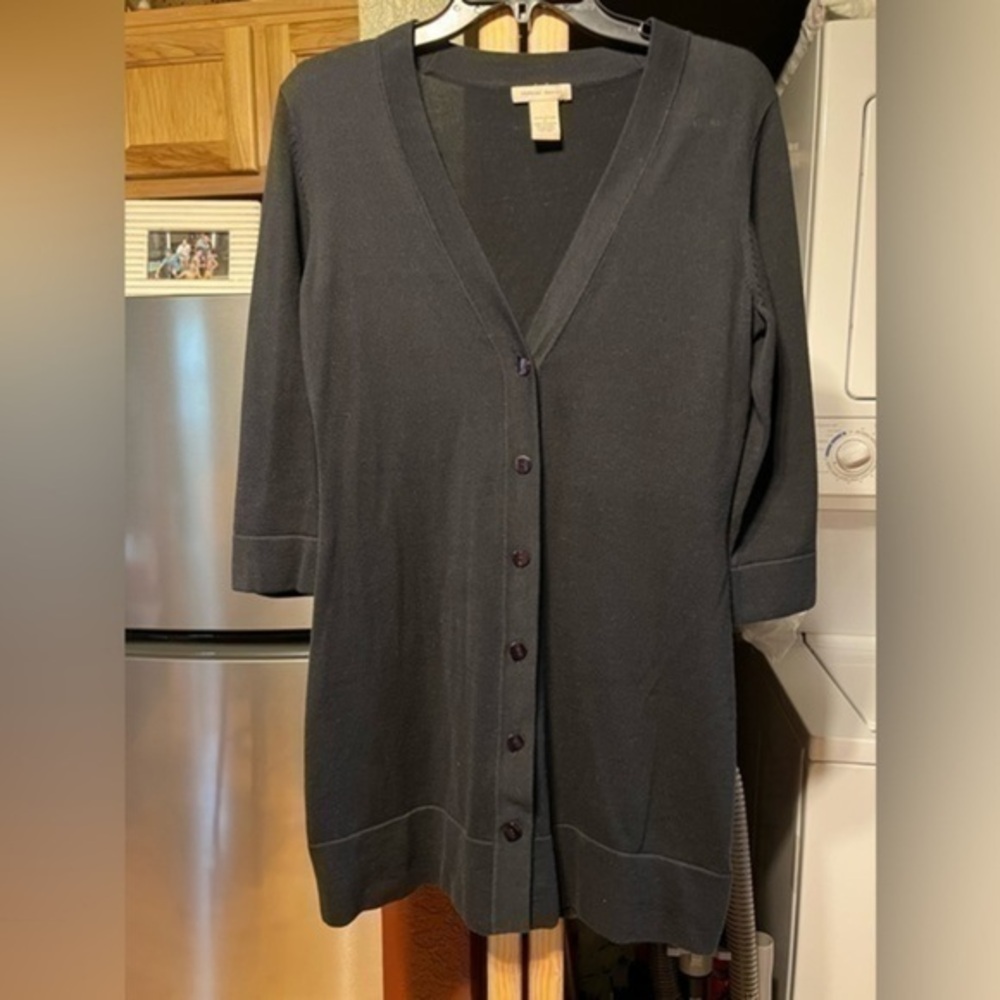 EUC Vertical Design size small black tunic cardigan, three-quarter sleeves